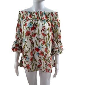 CeCe Women XL White Floral Off Shoulder Smocked Ruffle Sleeve Chiffon Top Beachy